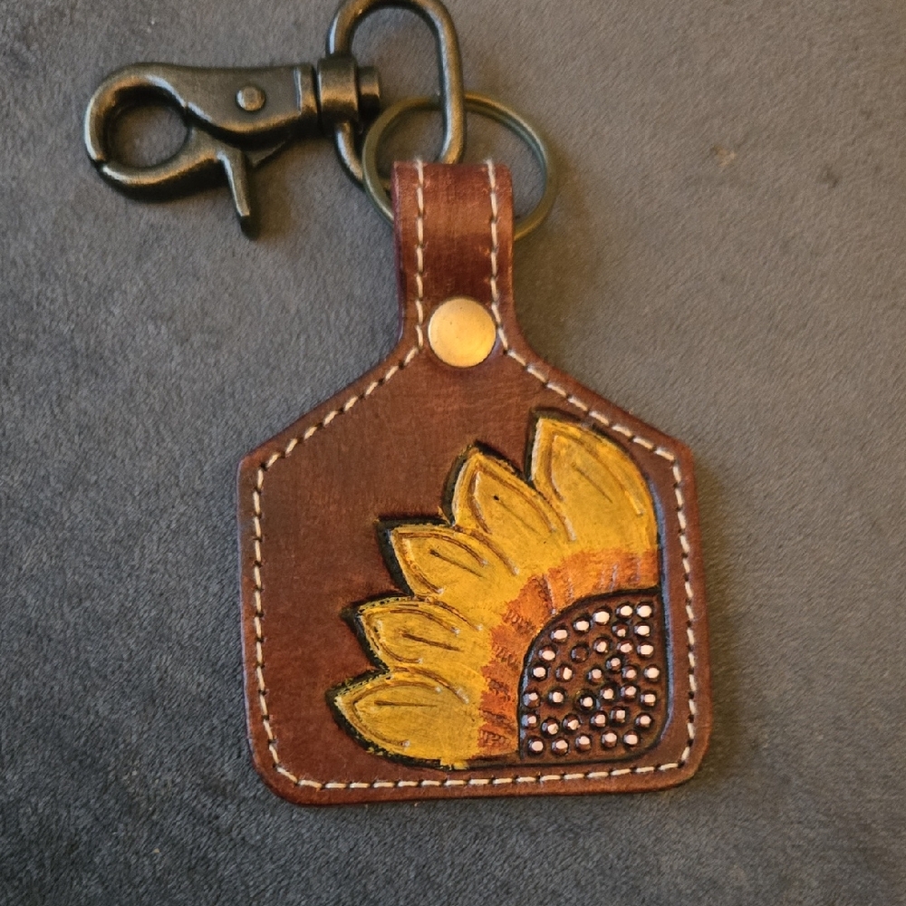 Myra Bag Brown Leather Keychain with Yellow Sunflower